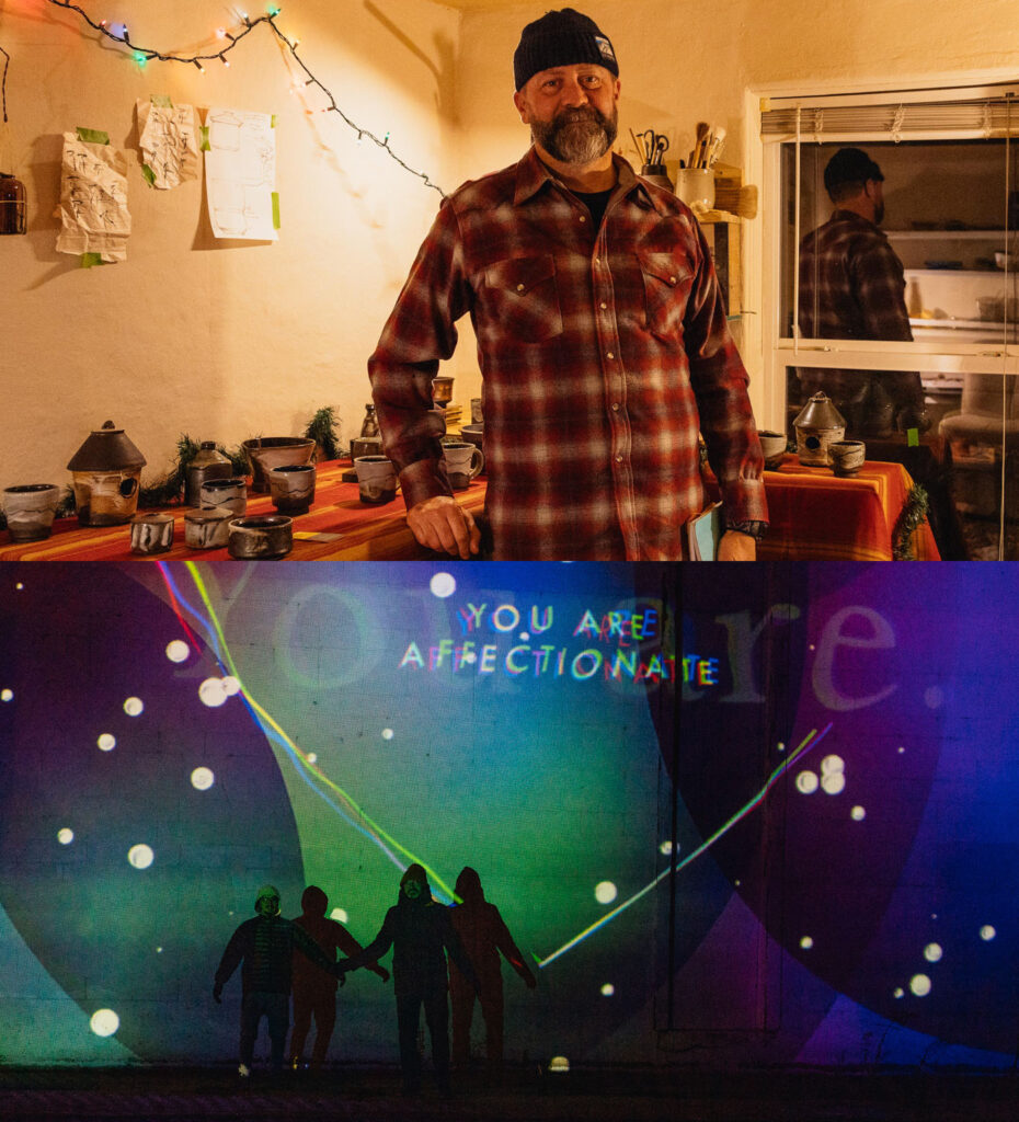 Above: Rolland Fletcher, one of three studio artist-in-residence for 2022-2023 at the Surel’s Place Studios on 35th Street.
Below: Artists Jared Hallock and Ryan Donahue show off their projection during Illuminated! on December’s First Friday Art and Studio Stroll. Photos by Christina Birkinbine