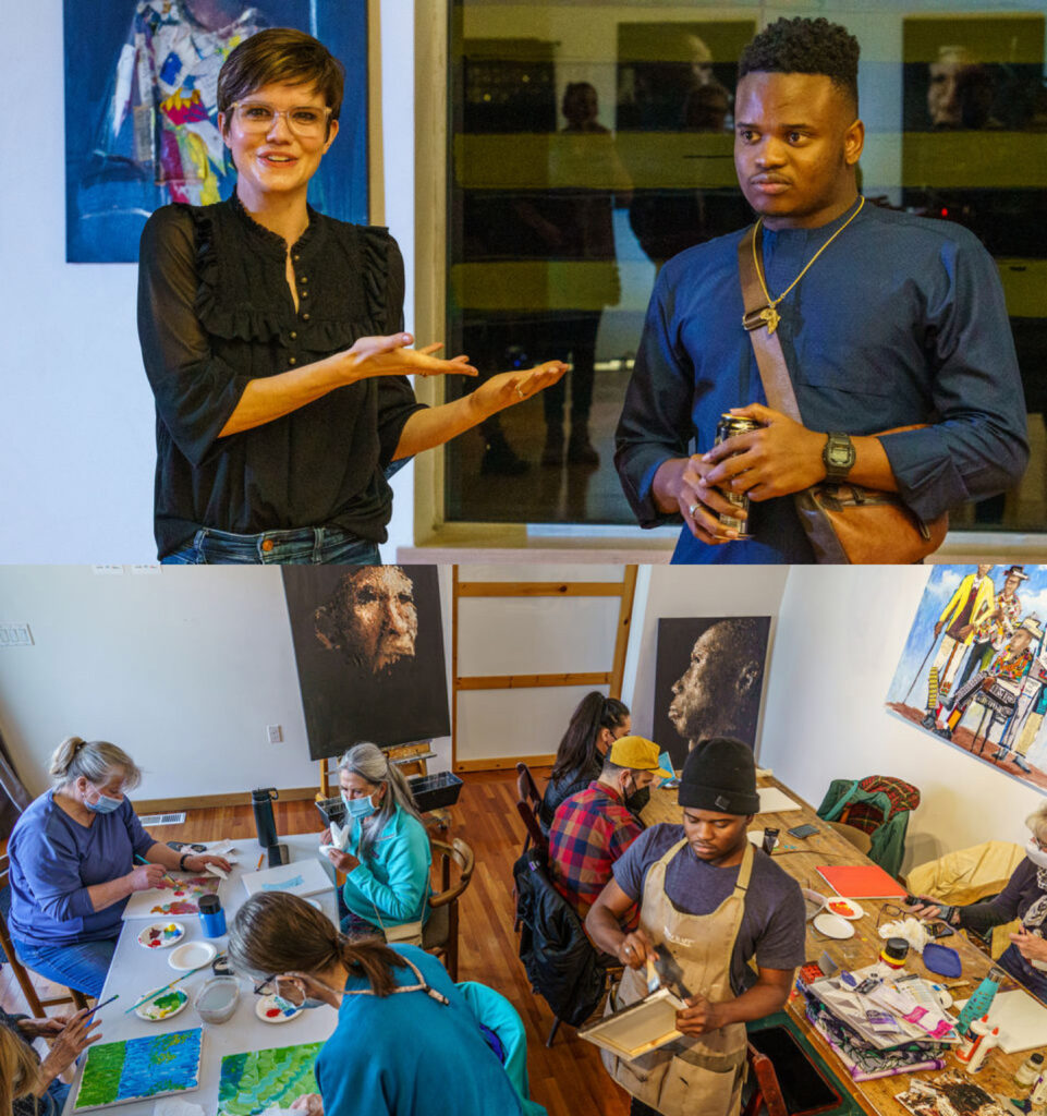 Above: Lauren Edson introduces Artist-in-Residence Stephen Aifegha, an Idaho State University graduate originally from Lagos, Nigeria. The residency was a partnership with Edson’s LED Boise. Below: Aifegha leads a workshop at Surel’s Place. Photos by Winston Mitchell