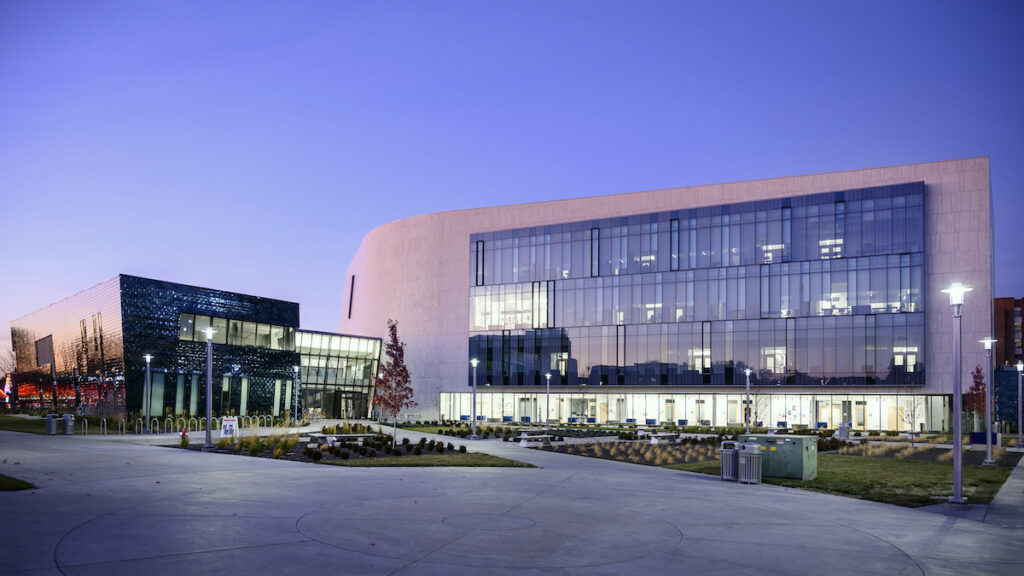 A photo of Boise State University's Center for Visual Arts at twilight