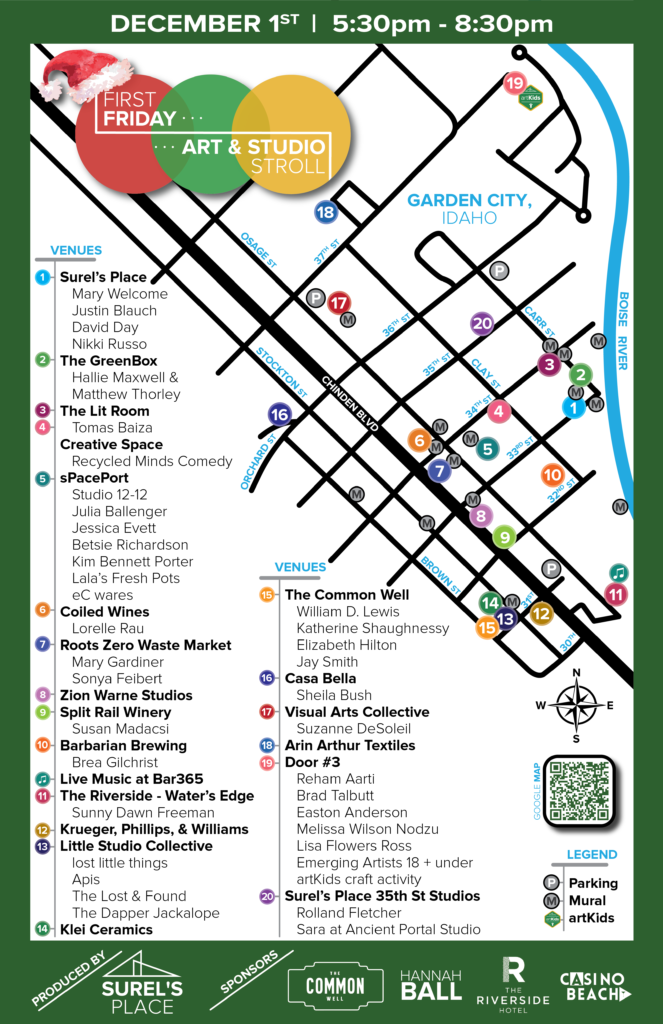 A street view map of the venues in Garden City, Idaho for the First Friday Art & Studio Stroll on December 1, 2023.